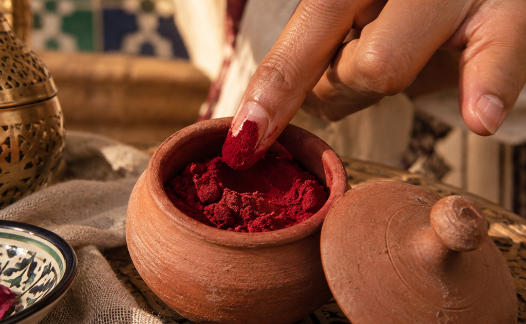 Pot d'aker fassi en terre cuite et pigment de coquelicot, cosmétique traditionnel marocain