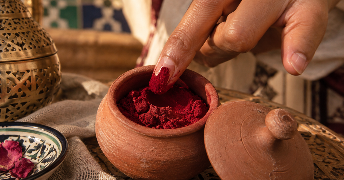 Pot d'aker fassi en terre cuite et pigment de coquelicot, cosmétique traditionnel marocain
