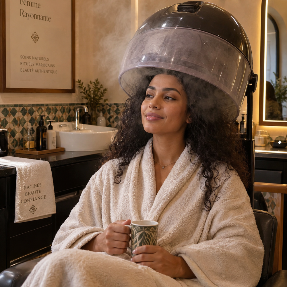 casque vapeur cheveux femme marocaine soin capillaire Marrakech